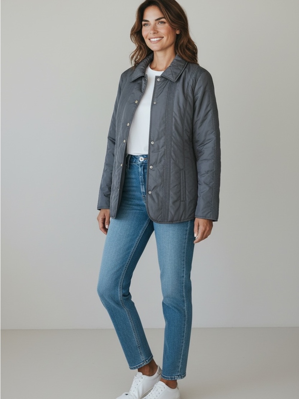 Lightweight Quilted Snap-Front Jacket in Navy Blue